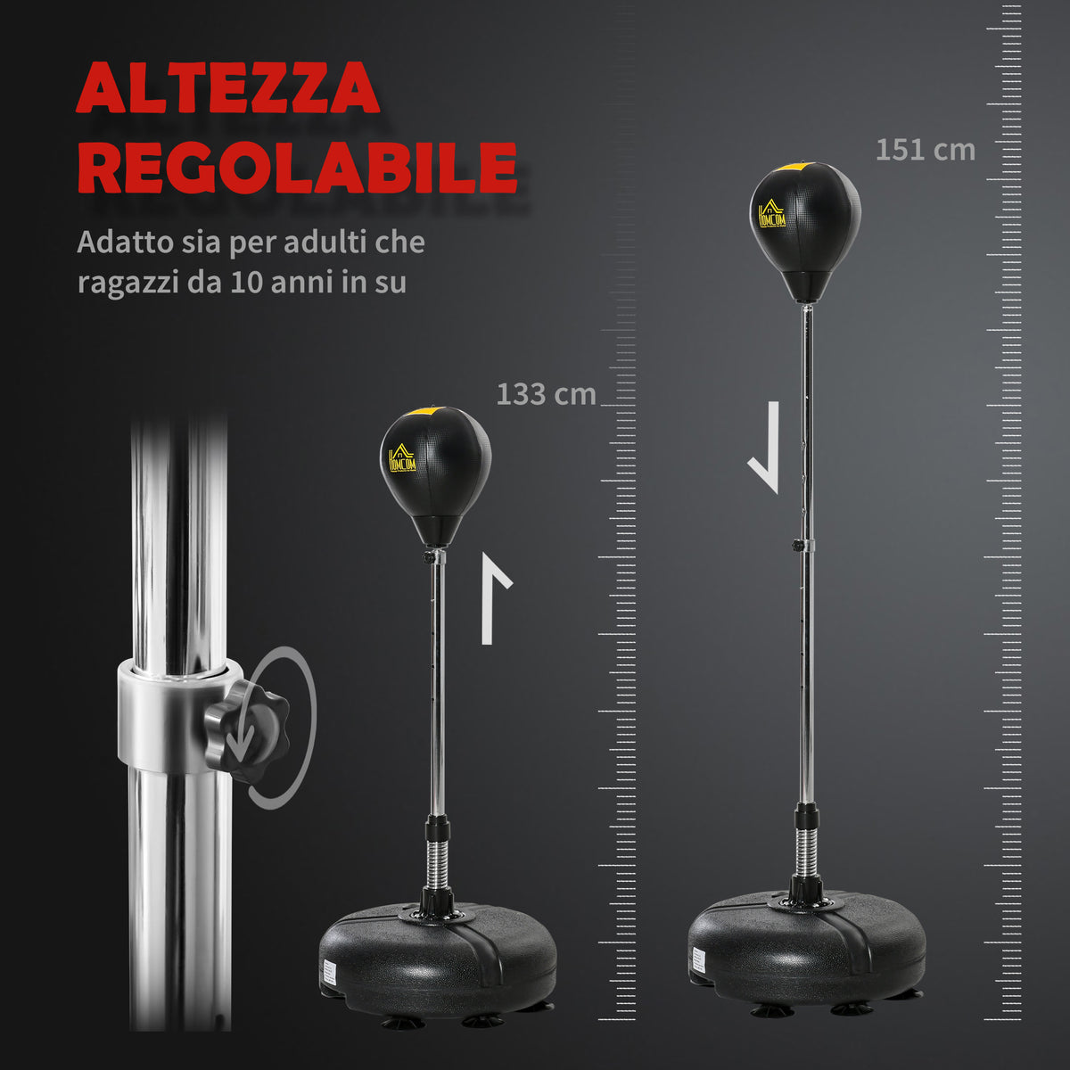 Sacco da Boxe ad Altezza Regolabile, Guanti Inclusi, in PE e Metallo, 45x45x133-151cm, Oro