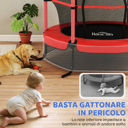 Trampolino Elastico per Bambini 1.6x1.9 m con Rete di Sicurezza e Pali Imbottiti, Età 3-10 Anni, Rosso