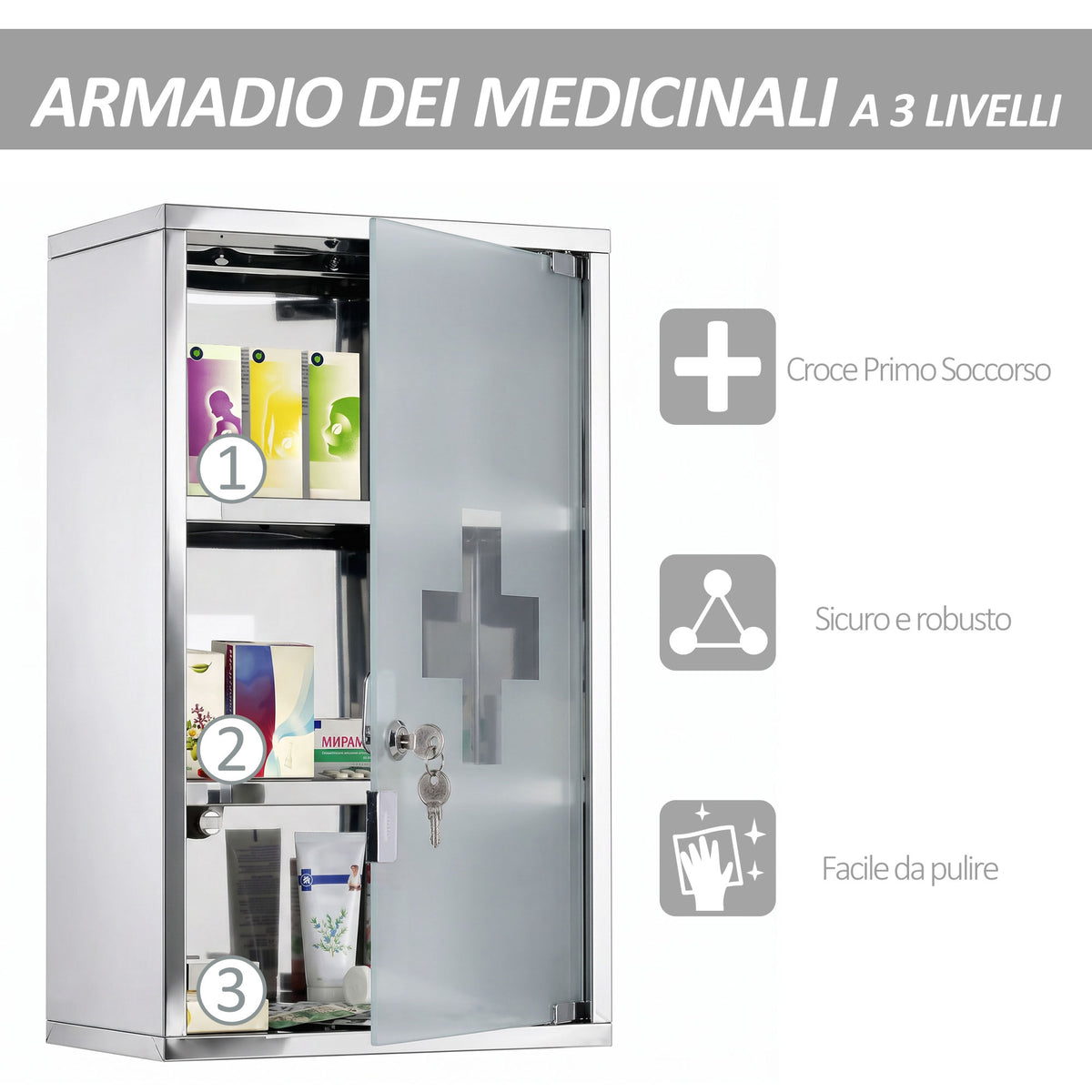Armadietto medicinali 50x30x18cm Cassetta mobile bagno primo soccorso in acciaio inox con serratura