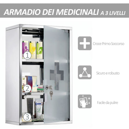 Armadietto medicinali 50x30x18cm Cassetta mobile bagno primo soccorso in acciaio inox con serratura