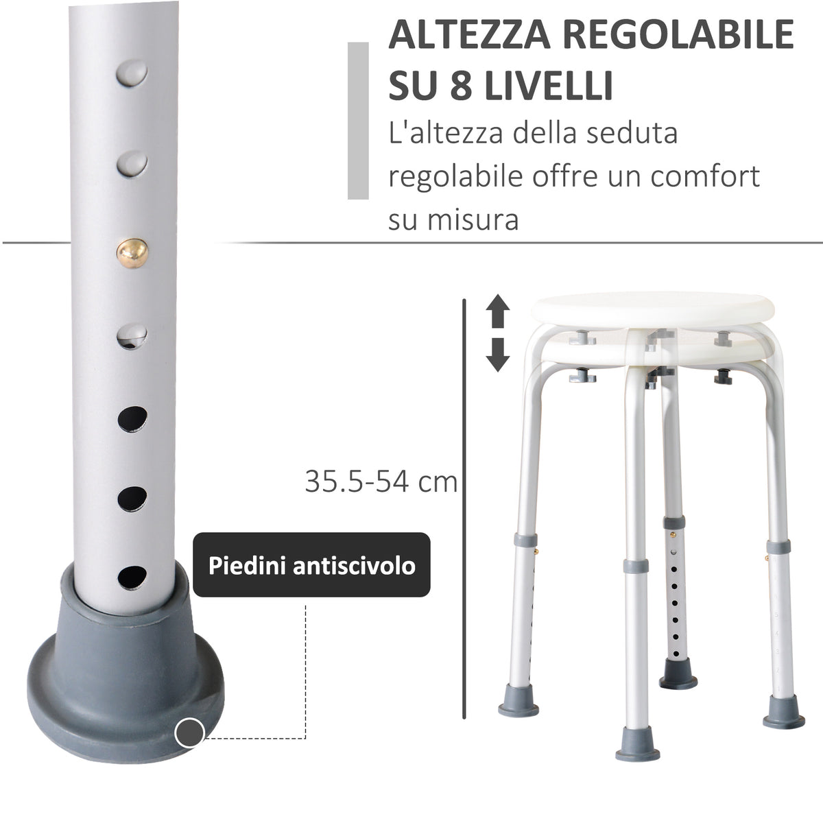 Sgabello da Doccia Girevole a 360 con Piedini Antiscivolo e Regolabile in Altezza su 8 Livelli, Sgabello per Doccia in Alluminio e PE, 32.5x41x35.5-54 cm, Bianco
