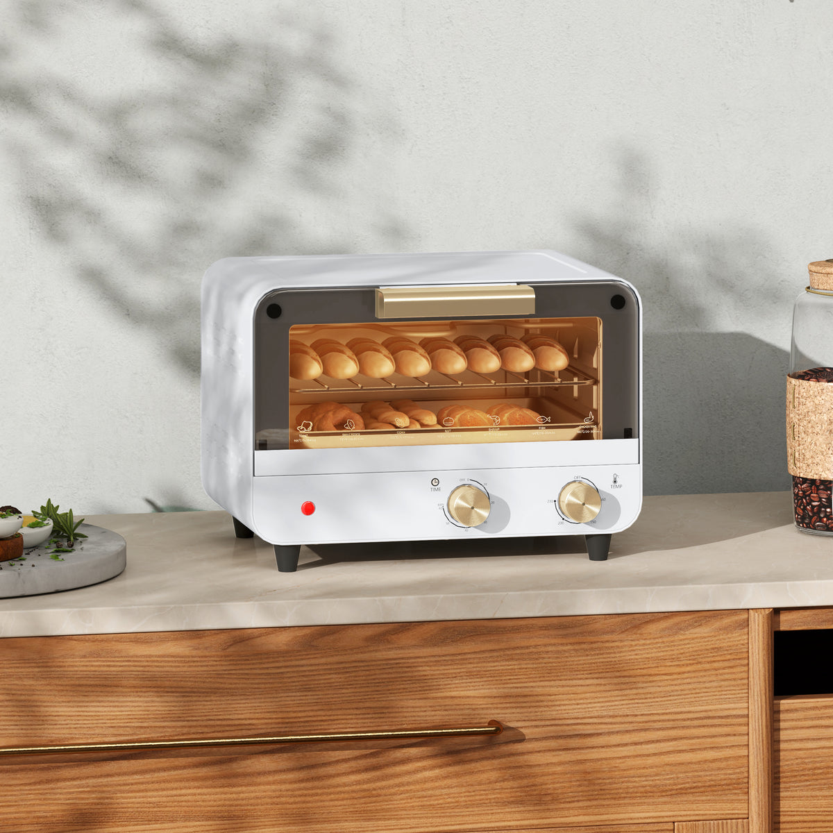 Fornetto Elettrico 12L con Timer e Temperatura Regolabile, in Acciaio e Plastica, 31.5x27.7x22.7 cm, Bianco e Oro