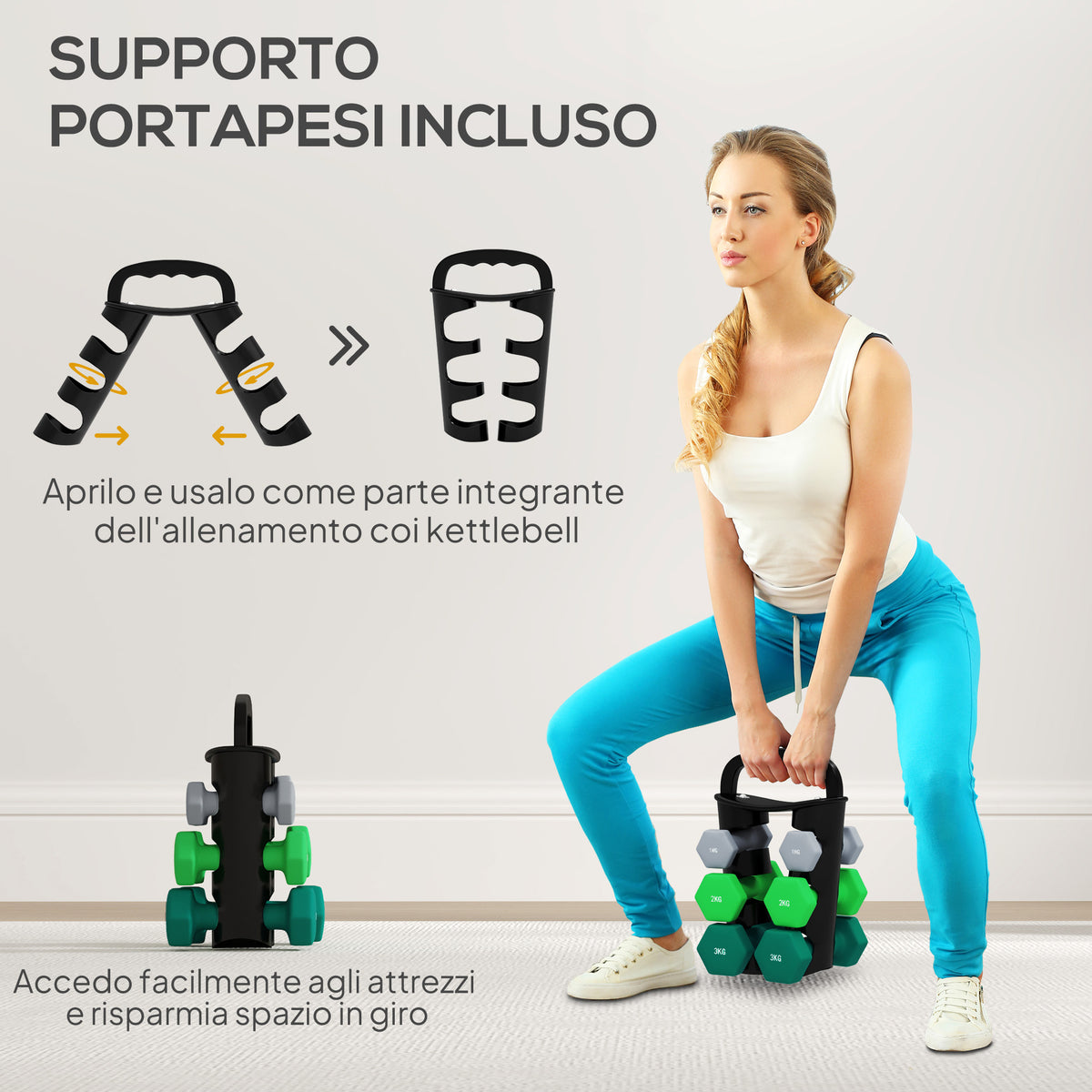 Set 6 Manubri Pesi (2x1 kg, 2x2 kg, 2x3 kg) da 12 kg con Supporto/Kettlebell, in Metallo e Plastica Multicolore
