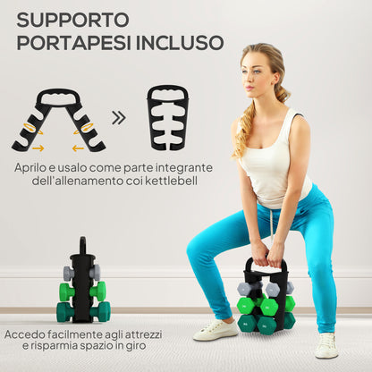 Set 6 Manubri Pesi (2x1 kg, 2x2 kg, 2x3 kg) da 12 kg con Supporto/Kettlebell, in Metallo e Plastica Multicolore