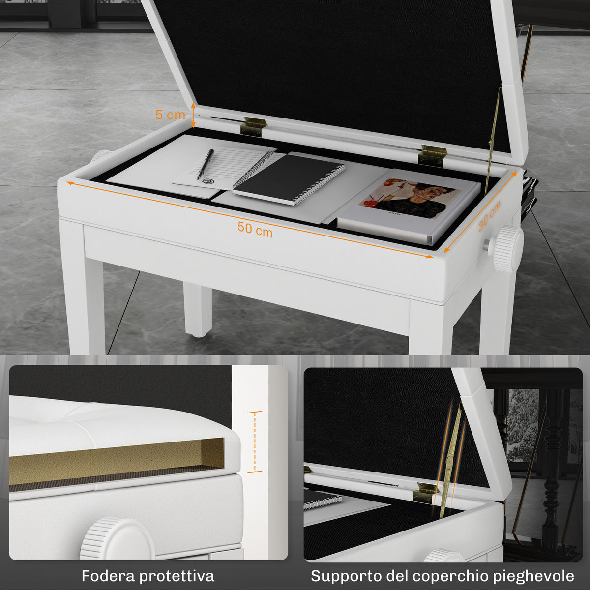 Sgabello Pianoforte Regolabile con Vano Portaoggetti e Seduta Imbottita, 54.5x33x48-58 cm, Bianco
