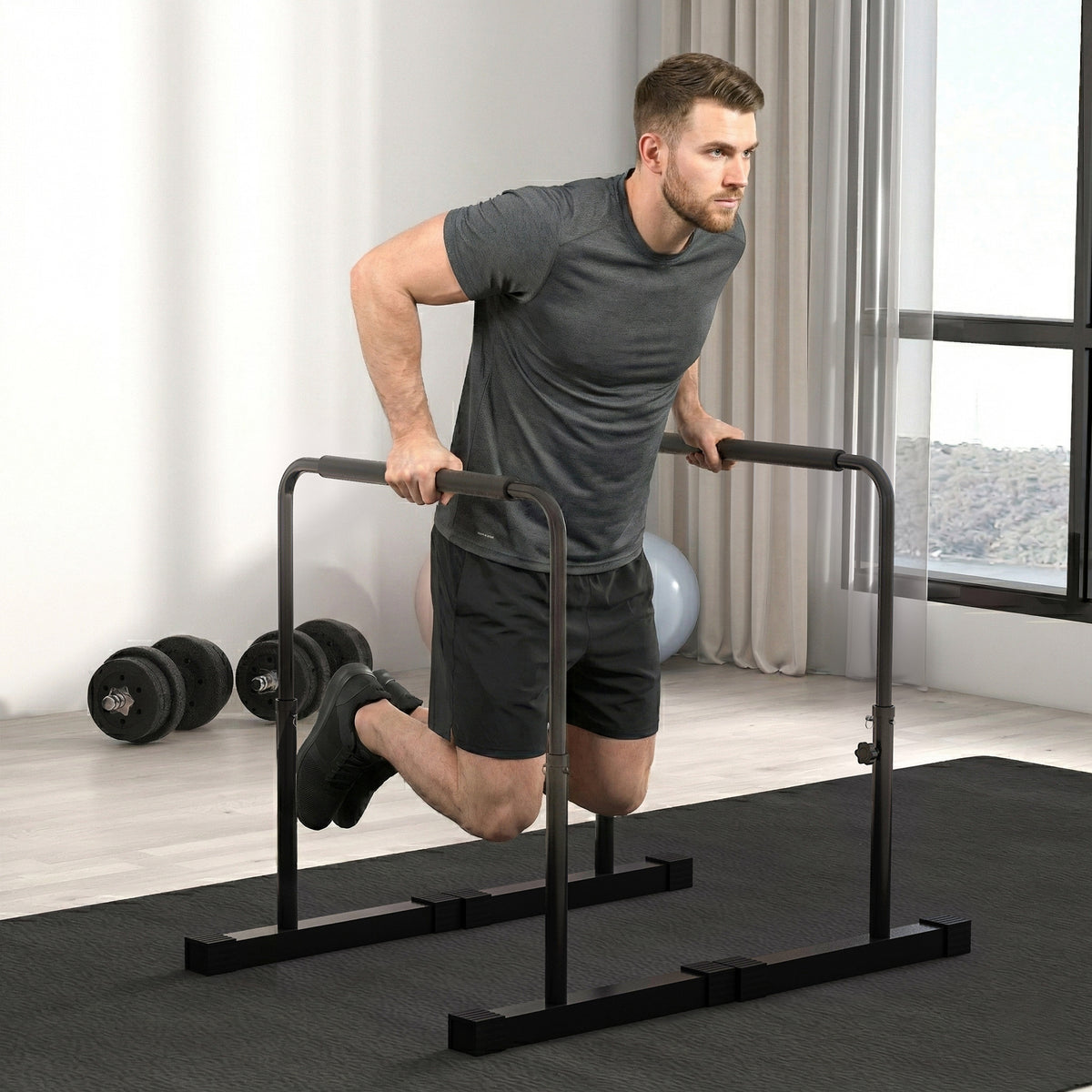 Set 2 Barre per Dip Regolabile su 4 Altezze con Maniglie Antiscivolo in Acciaio, 70x50x80-105 cm, Nero