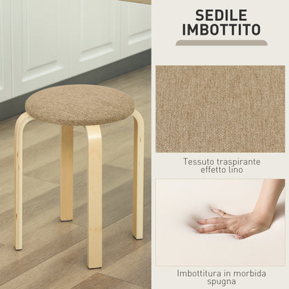 Set 4 Sgabelli Impilabili e Imbottiti con Rivestimento in Tessuto e Gambe in Legno, Cachi