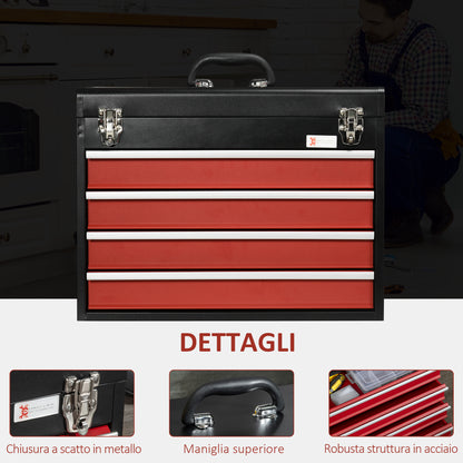 Cassetta Porta Attrezzi in Acciaio con 4 Cassetti e Vassoio Superiore, 51x22x39.5 cm, Rosso e Nero