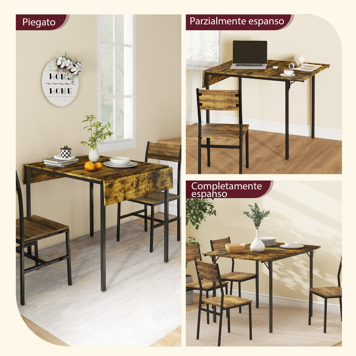 Tavolo da Pranzo a Ribalta stile Industriale per 2-4 Persone in Legno e Metallo, 120x79x79 cm, Marrone Rustico