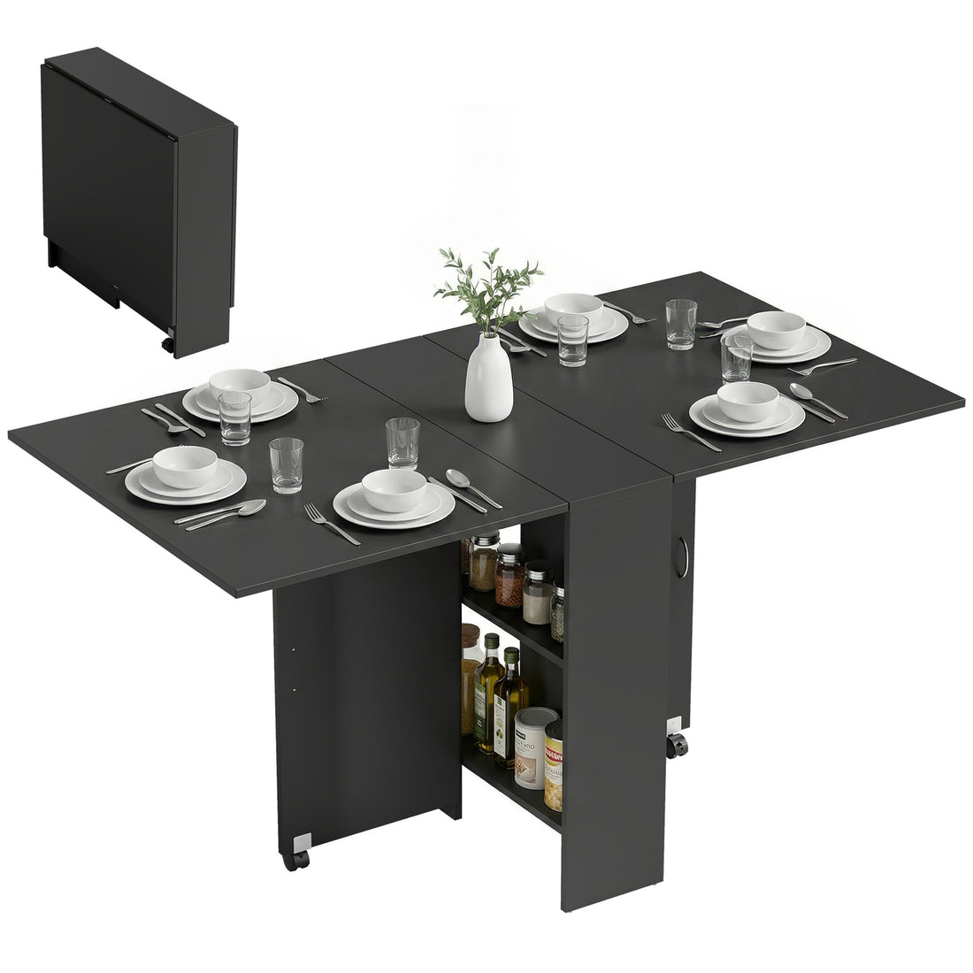 Tavolo Pieghevole in Legno per 4-6 Persone con Ruote, 75x140x74cm, Nero