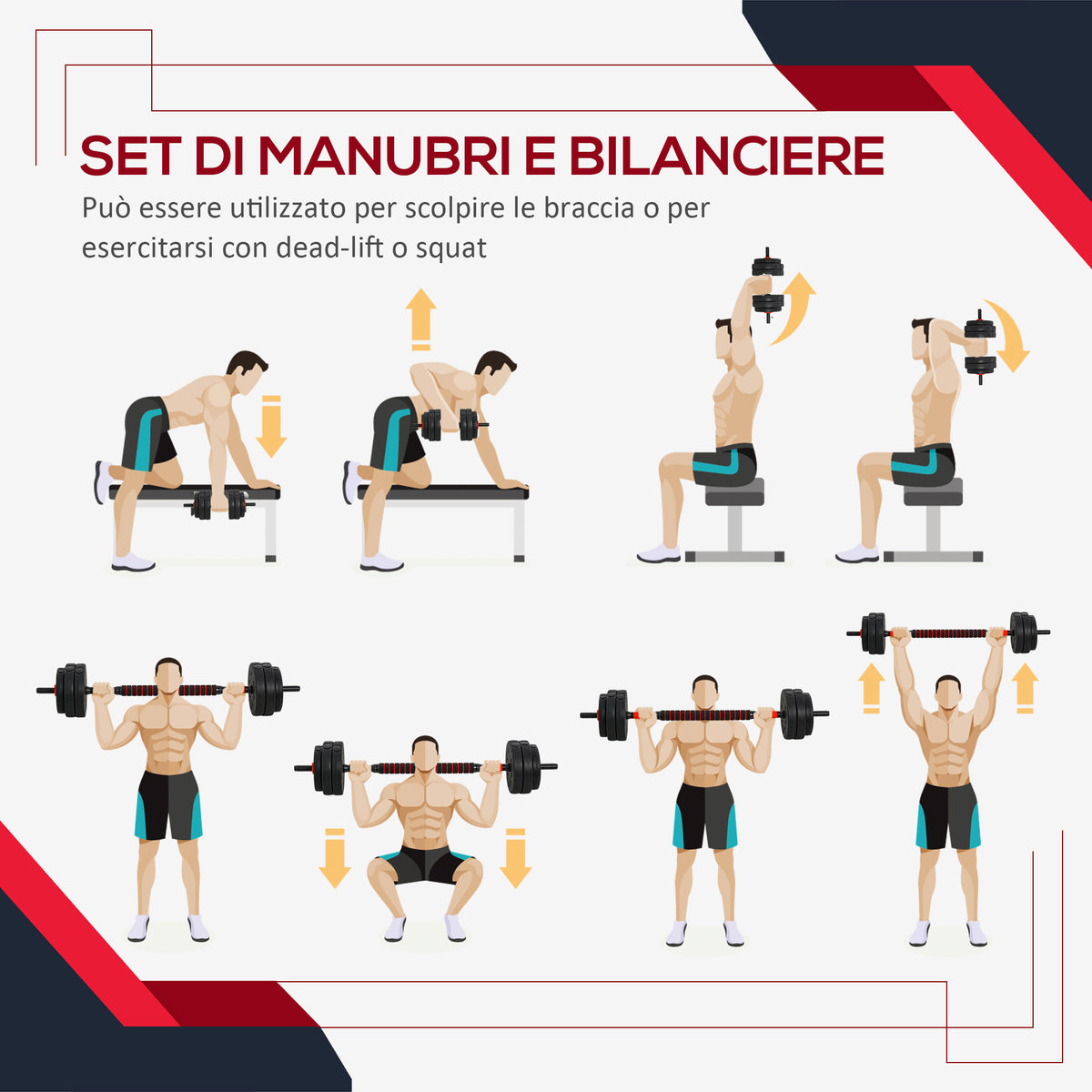 Set 2 Manubri Convertibili in Bilanciere, 25kg Totali con 12 Dischi Pesi Acciaio e Plastica Allenamento a Casa