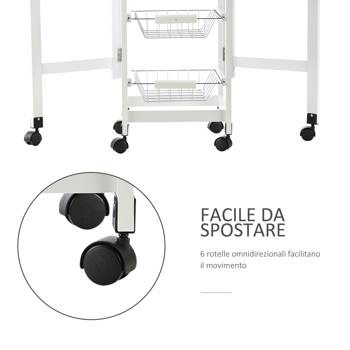 Carrello Portavivande Pieghevole a 6 Ruote con 3 Cestini, Cassetto e 2 Ribalte, Carrellino per Cucina in MDF e Metallo, 37x37x77.5 cm, Bianco e Legno
