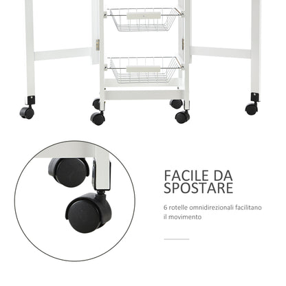 Carrello Portavivande Pieghevole a 6 Ruote con 3 Cestini, Cassetto e 2 Ribalte, Carrellino per Cucina in MDF e Metallo, 37x37x77.5 cm, Bianco e Legno