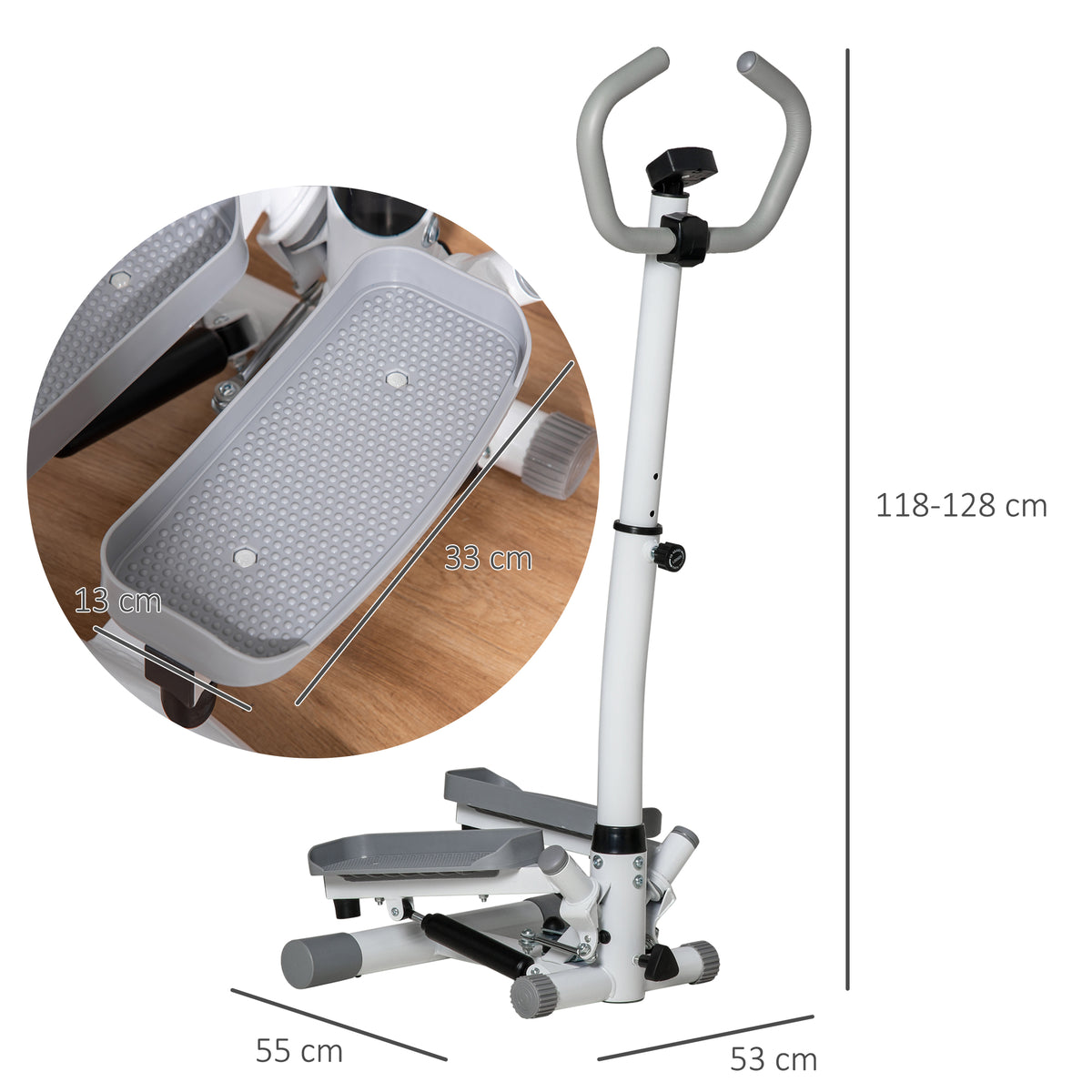 Stepper con Monitor LCD, Manubrio Regolabile ed Elastici, in Acciaio e ABS, Bianco e Grigio