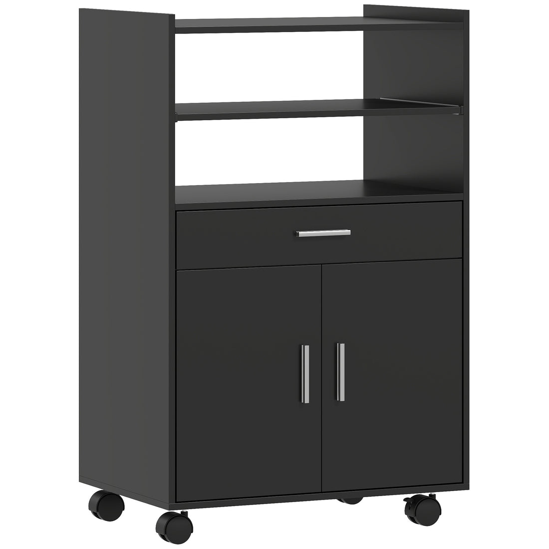 Mobile Microonde in Legno con Cassetto, Armadietto a 2 Ante e 2 Ripiani, 59x40x92 cm, Nero