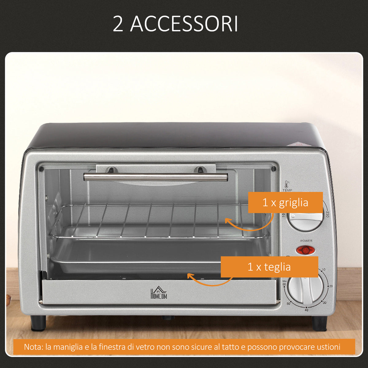 Fornetto Elettrico 10L Temperatura Regolabile e Timer, Griglia e Teglia Incluse, 750W, 36.5x26x22cm, Argento Nero