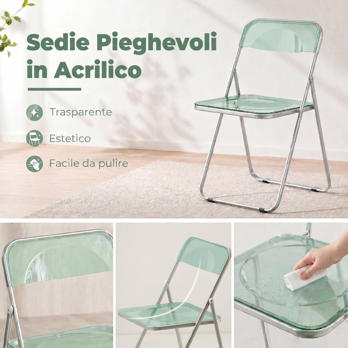 Set da 4 Sedie Pieghevoli in Acrilico Trasparenti, Verde