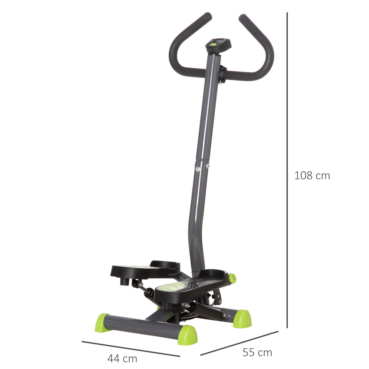 Stepper con Manubrio, Pedali Antiscivolo e Monitor LCD, in Acciaio e ABS, 55x44x108 cm, Nero Grigio e Verde