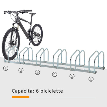 Rastrelliera Portabiciclette Parcheggio per 6 Biciclette in Acciaio, 179x33x27 cm, Argento