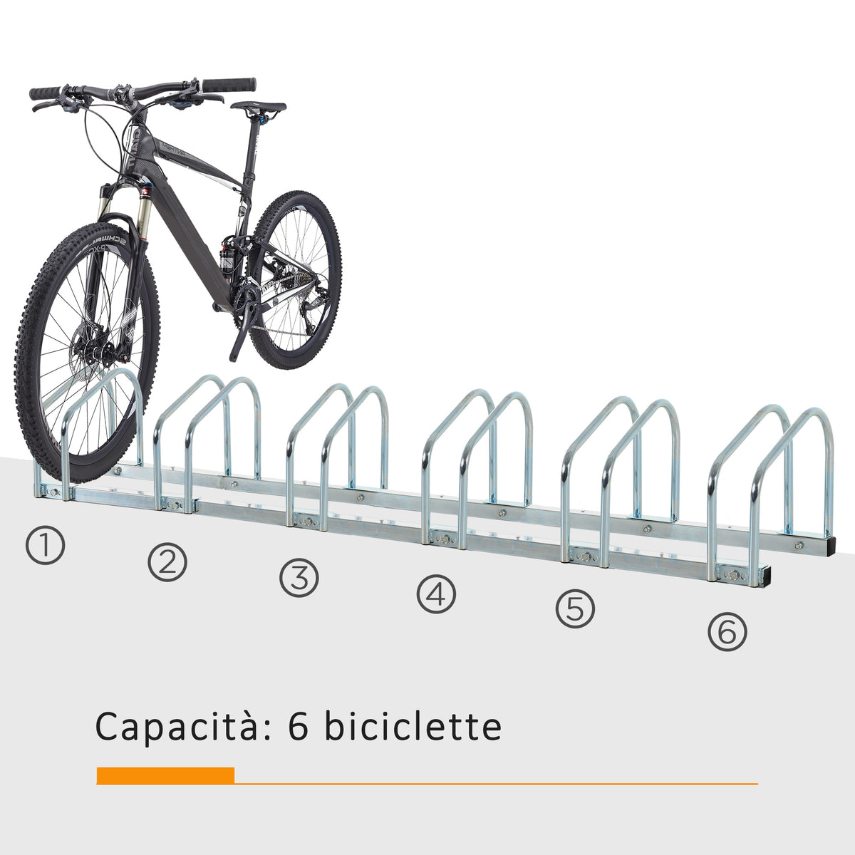 Rastrelliera Portabiciclette Parcheggio per 6 Biciclette in Acciaio, 179x33x27 cm, Argento