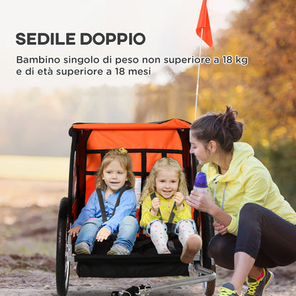 Rimorchio Bici Bambini con 2 Posti, 2 Cinture di Sicurezza, Telaio in Acciaio e Copertura in Tessuto Oxford Arancione
