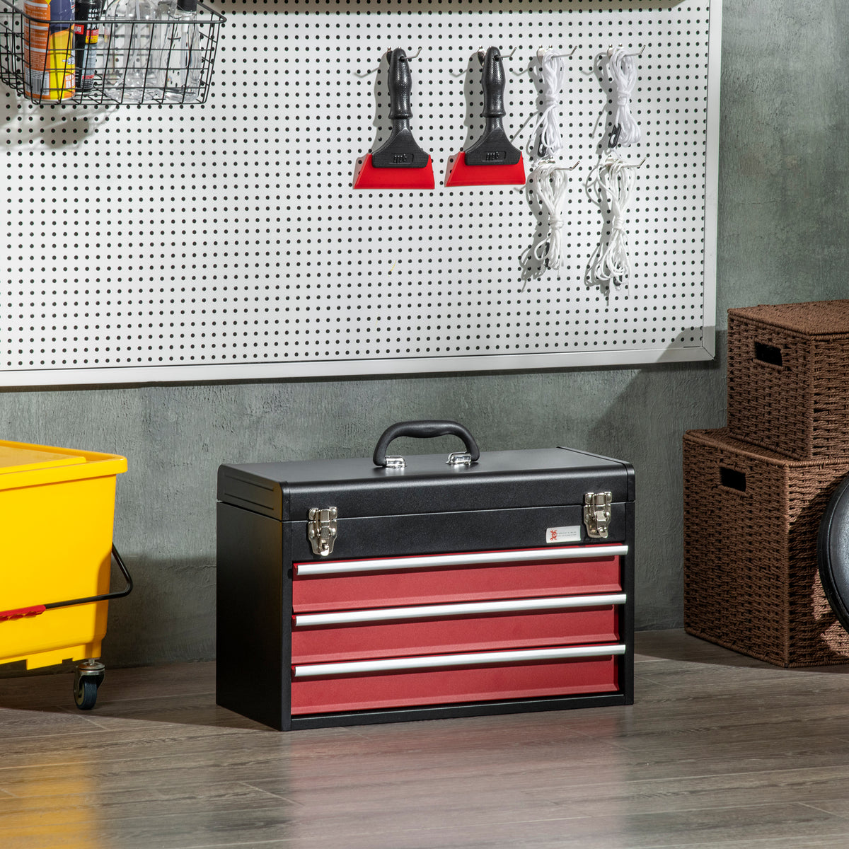 Cassetta Porta Attrezzi in Acciaio con 3 Cassetti e Vassoio Superiore, 51x22x32 cm, Rosso e Nero
