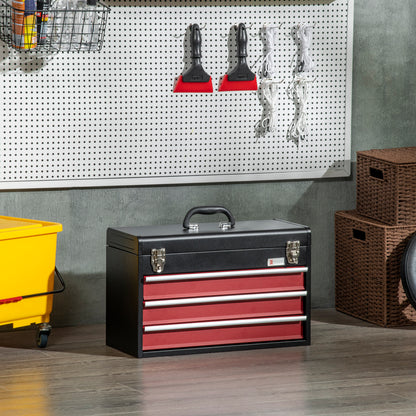 Cassetta Porta Attrezzi in Acciaio con 3 Cassetti e Vassoio Superiore, 51x22x32 cm, Rosso e Nero