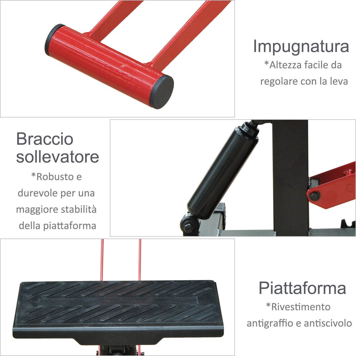 Cavalletto Alzamoto ad Altezza Regolabile con Manovella, in Acciaio e Gomma, 28x17.5x24.5-35.5 cm, Nero e Rosso