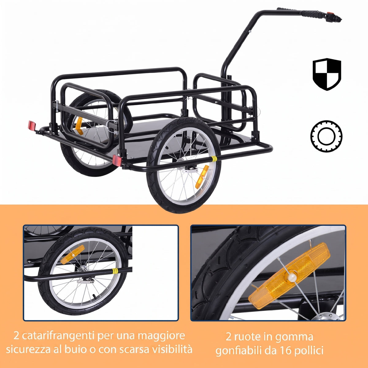 Carrello per Bicicletta Rimorchio Cargo Bici Trasporto di Oggetti Pieghevole Portata 36kg 156x72x82cm