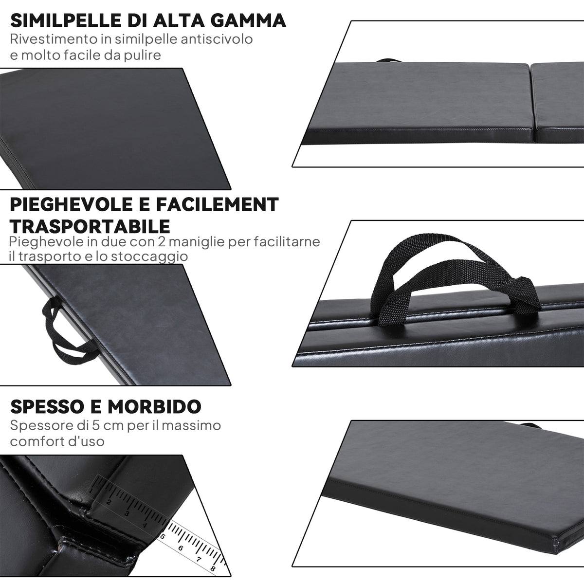Tappetino da Ginnastica Pieghevole, Materassino Fitness Spesso 5 cm e Antiscivolo, 180x60x5 cm, Nero