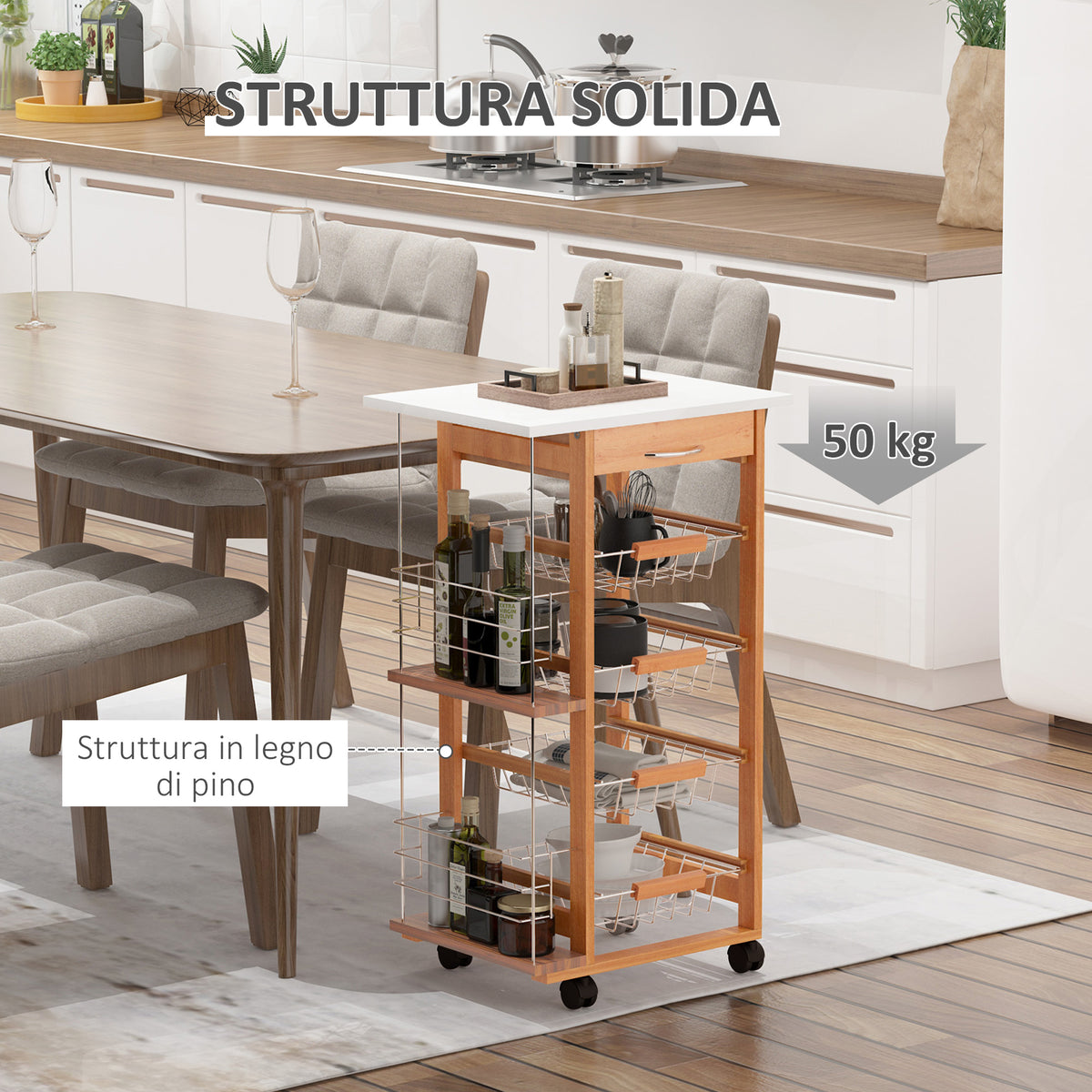 Carrello da Cucina con 1 Cassetto, 4 Cestelli Metallici e 2 Ripiani Portaspezie in Legno 47 x 37 x 83 cm Marrone