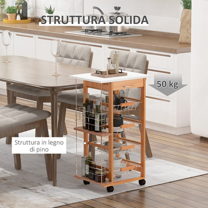 Carrello da Cucina con 1 Cassetto, 4 Cestelli Metallici e 2 Ripiani Portaspezie in Legno 47 x 37 x 83 cm Marrone
