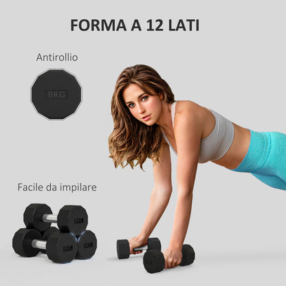 Set 2 Manubri a 12 Lati da 8 kg in Metallo e Gomma con Impugnatura Antiscivolo, 26x12x12 cm, Nero