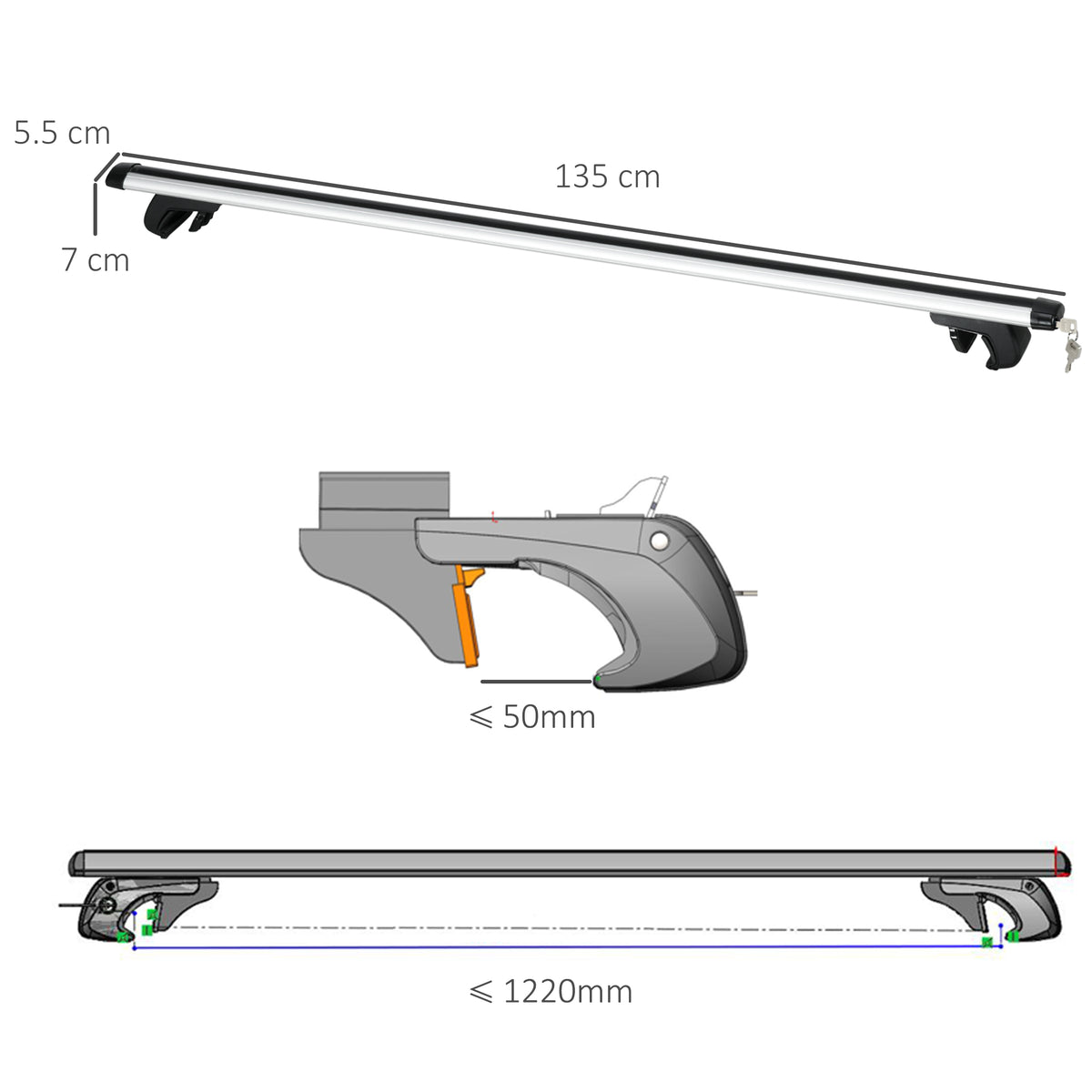 Barre Portatutto per Auto da 75 kg con Blocco e Chiavi di Sicurezza, in Alluminio e ABS, 135.3x5.7x7 cm, Argento