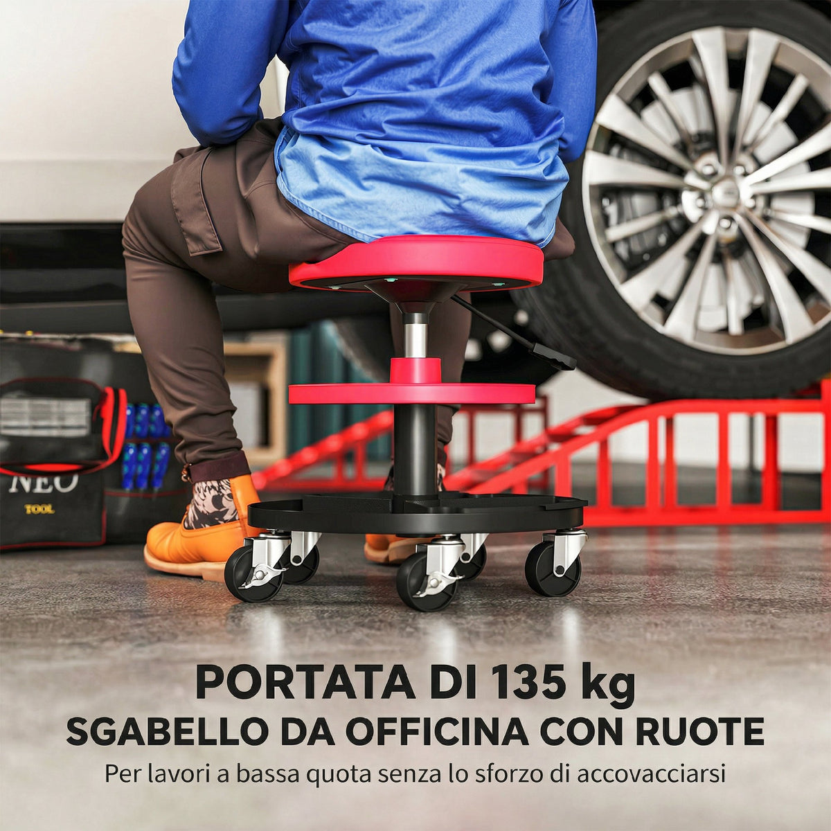 Sgabello da Officina con Ruote da 6 cm, Capacità fino a 135 kg, Altezza Regolabile 40-51 cm, con Vassoi Porta Utensili, Rosso