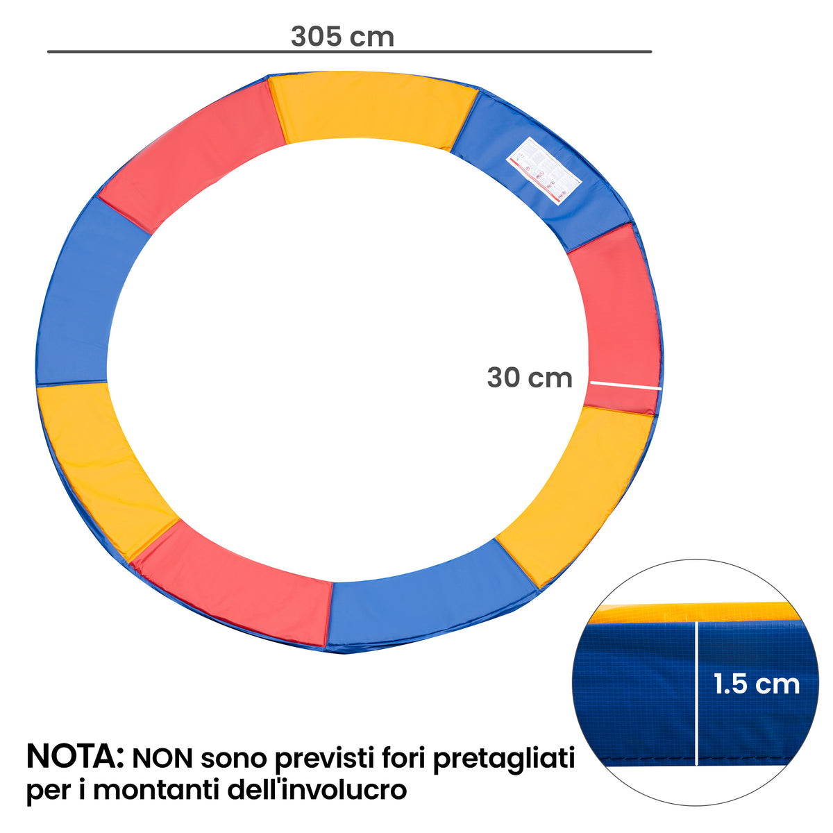 Copertura Tappeto Elastico 305x1.5 cm Pieghevole e Portatile, Protezione Trampolino da Giardino in Plastica, PE e Schiuma EPE, Nessun Foro per Palo, Rosso, Blu e Giallo