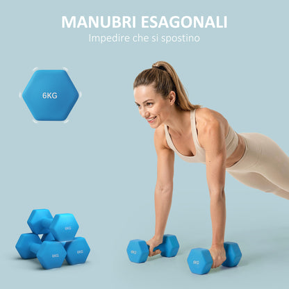 Set 2 Manubri Esagonali 2x6kg in Metallo e Plastica con Impugnatura Antiscivolo, 22x10x10 cm, Azzurro