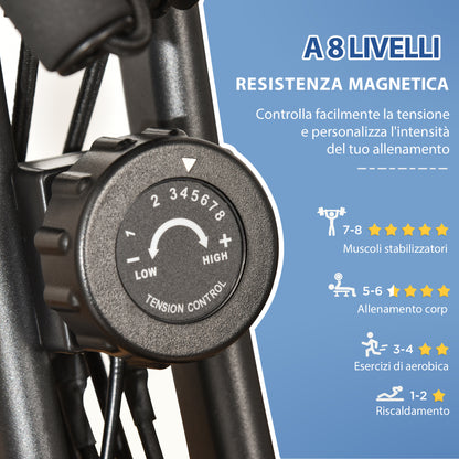 Cyclette Pieghevole 2 in 1, Resistenza Magnetica Regolabile 8 Livelli, Cyclette da Casa Silenziosa con Sensore Cardiaco, Sedile Regolabile, Bande Elastici, Schermo LCD, Ruote, Nero