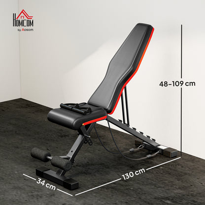 Panca Multifunzione per Addominali e Pesi, Inclinazione Regolabile ed Elastici, 130x48x48-109cm, Nero