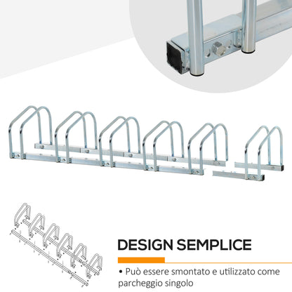 Rastrelliera Portabiciclette Parcheggio per 6 Biciclette in Acciaio, 179x33x27 cm, Argento