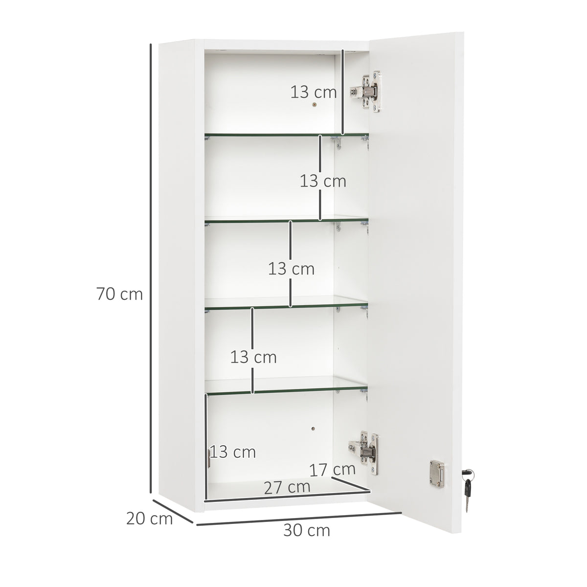 Armadietto Medicinali a Muro con Serratura, 5 Ripiani e Mensole Regolabili, in Legno e Vetro, Bianco, 30x20x70cm
