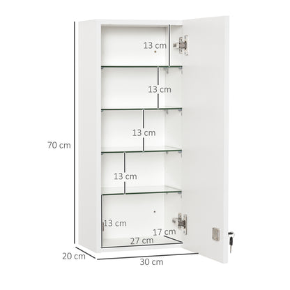 Armadietto Medicinali a Muro con Serratura, 5 Ripiani e Mensole Regolabili, in Legno e Vetro, Bianco, 30x20x70cm
