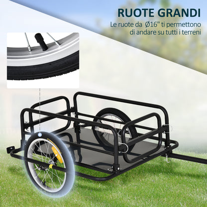 Carrello Bici con Pareti Pieghevoli, Gancio e 4 Catarifrangenti, in Acciaio e PE, 139x71.5x49 cm, Nero