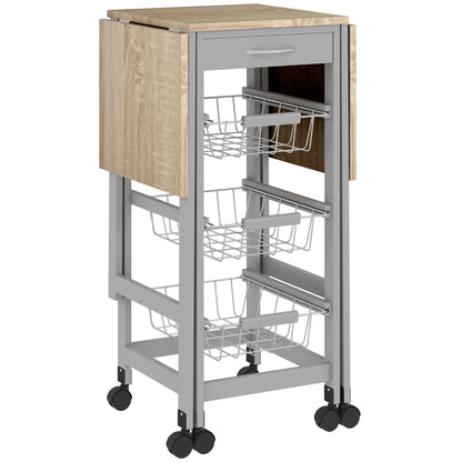 Carrello da Cucina con 3 Cestini, Cassetto e 2 Ribalte, in Legno e Metallo, 37x37x77.5 cm, Grigio e Rovere