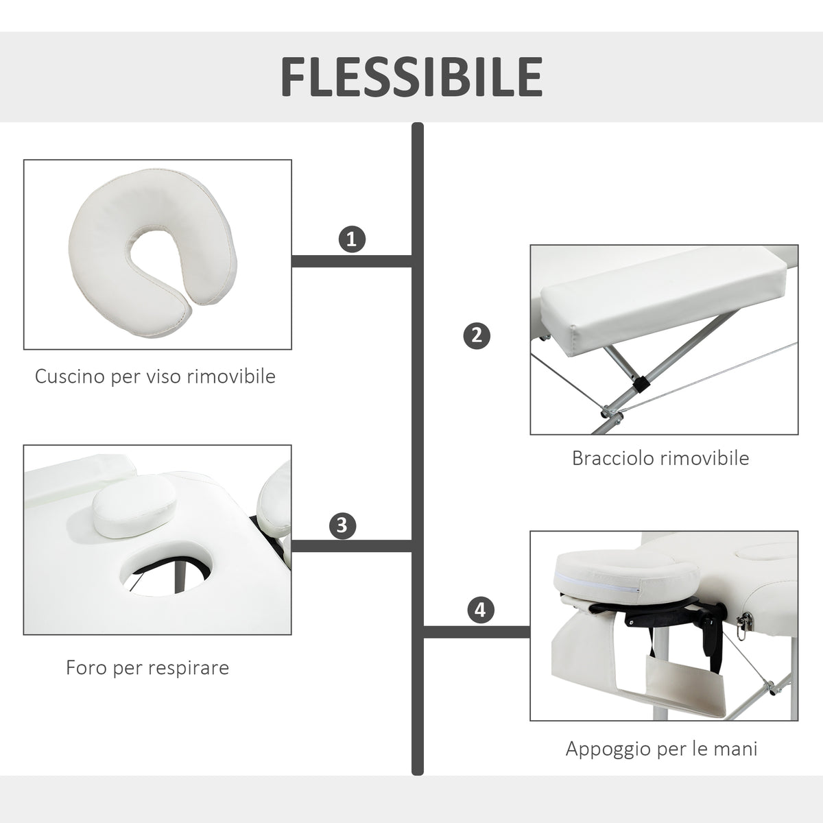 Lettino Massaggi Portatile Pieghevole e Professionale in Alluminio bianco 215x81x61-84cm