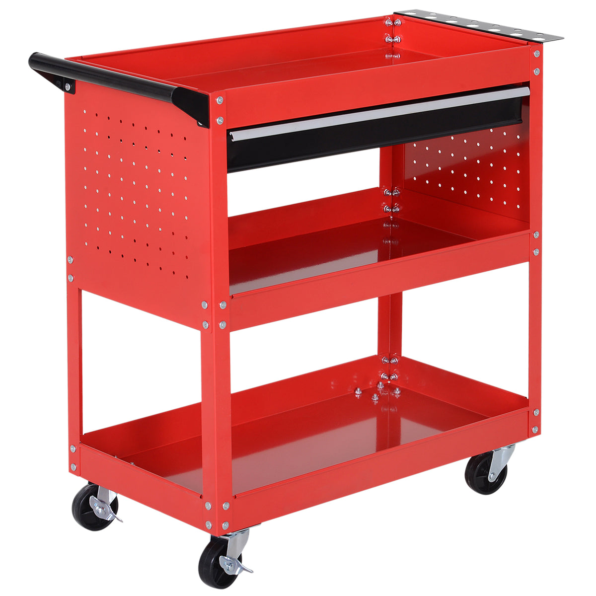 Carrello Porta Attrezzi con Manico, Cassetto e 3 Ripiani, in Lamiera di Acciaio, 82x35x76 cm, Rosso