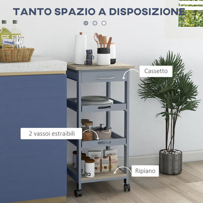 Carrello da Cucina con Cassetto, 2 Vassoi Estraibili e Ripiano Fisso, in Legno di Pino e MDF, 37x37x76 cm