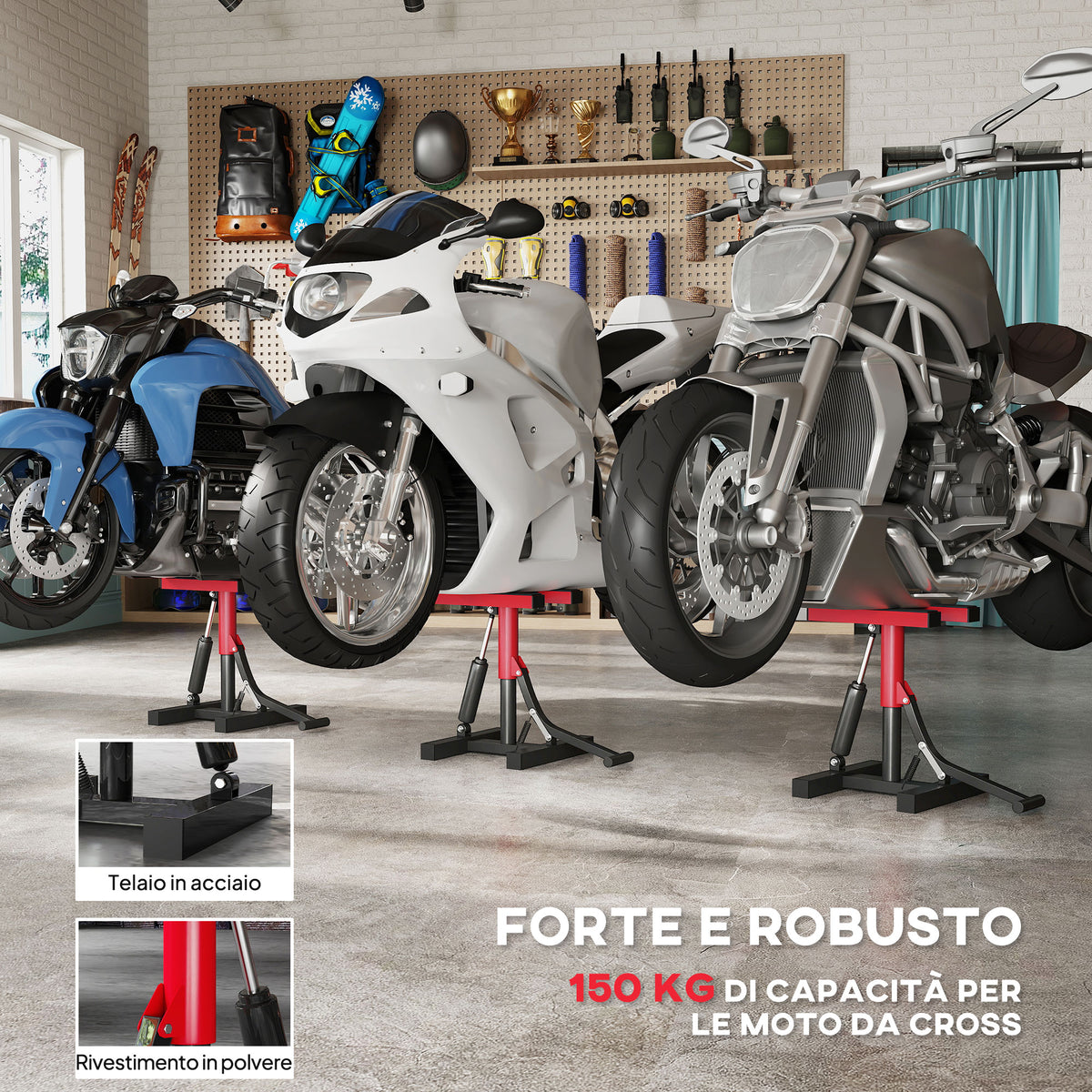 Cavalletto Alzamoto in Acciaio Capacità 150kg, Altezza Regolabile e Piano Antiscivolo, Rosso