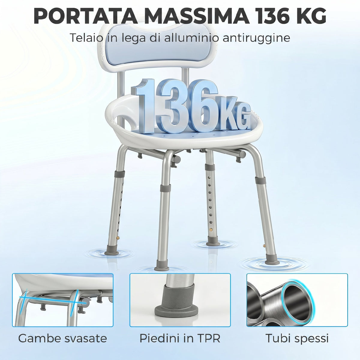 Sedia da Doccia con Schienale e Sedile Forato, 8 Altezza Regolabile, Antiscivolo, Portata 136kg, Azzurro
