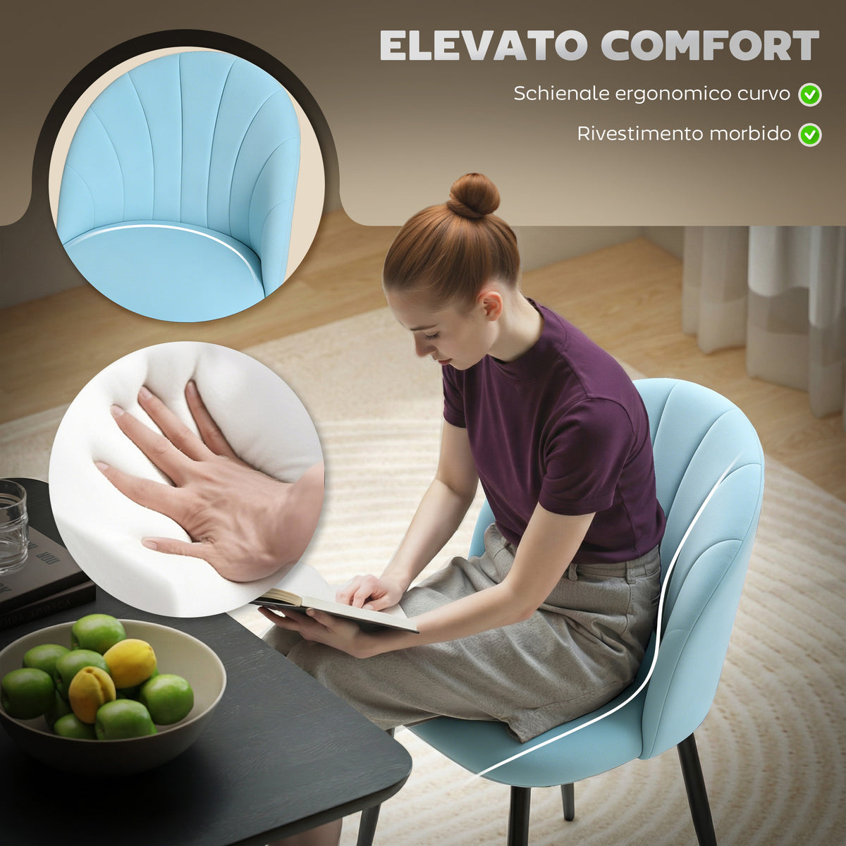 Set 2 Sedie da Pranzo Imbottite con Schienale a Conchiglia in Velluto, 52x55x79 cm, Azzurro
